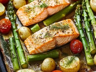 Lachs mit grünem Spargel und Fenchel vom Blech