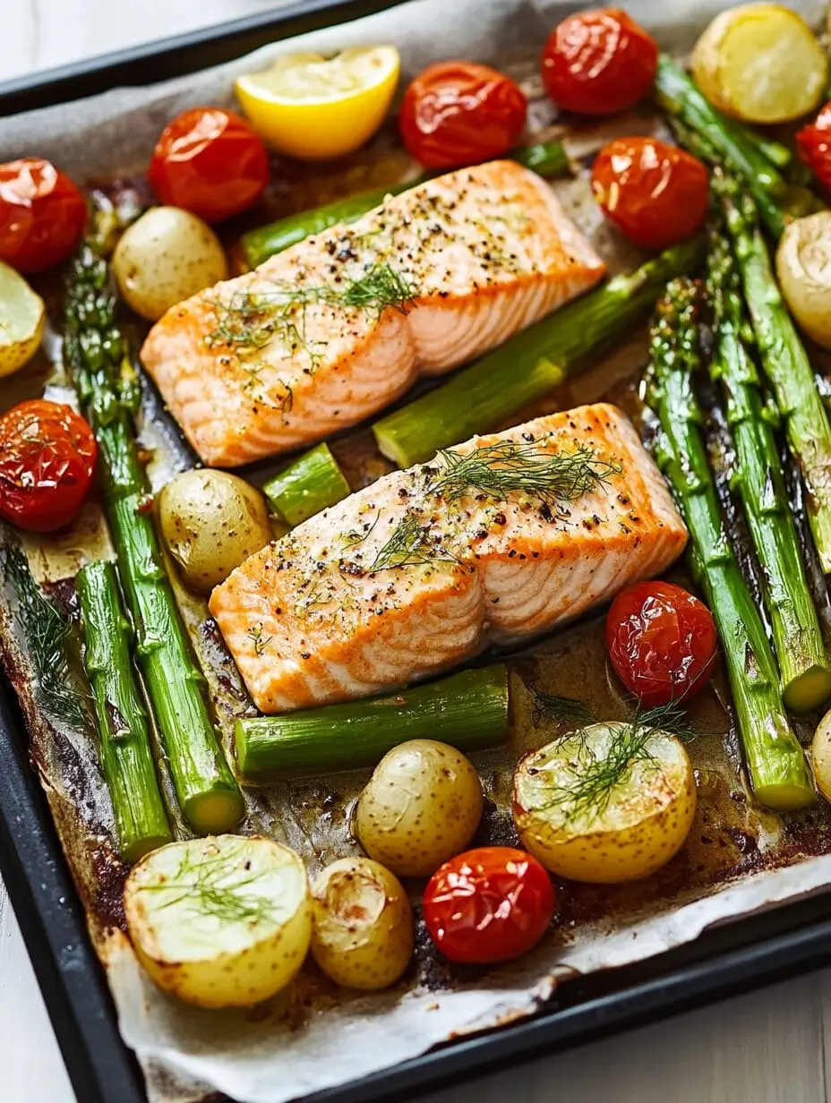 Lachs mit grünem Spargel und Fenchel vom Blech