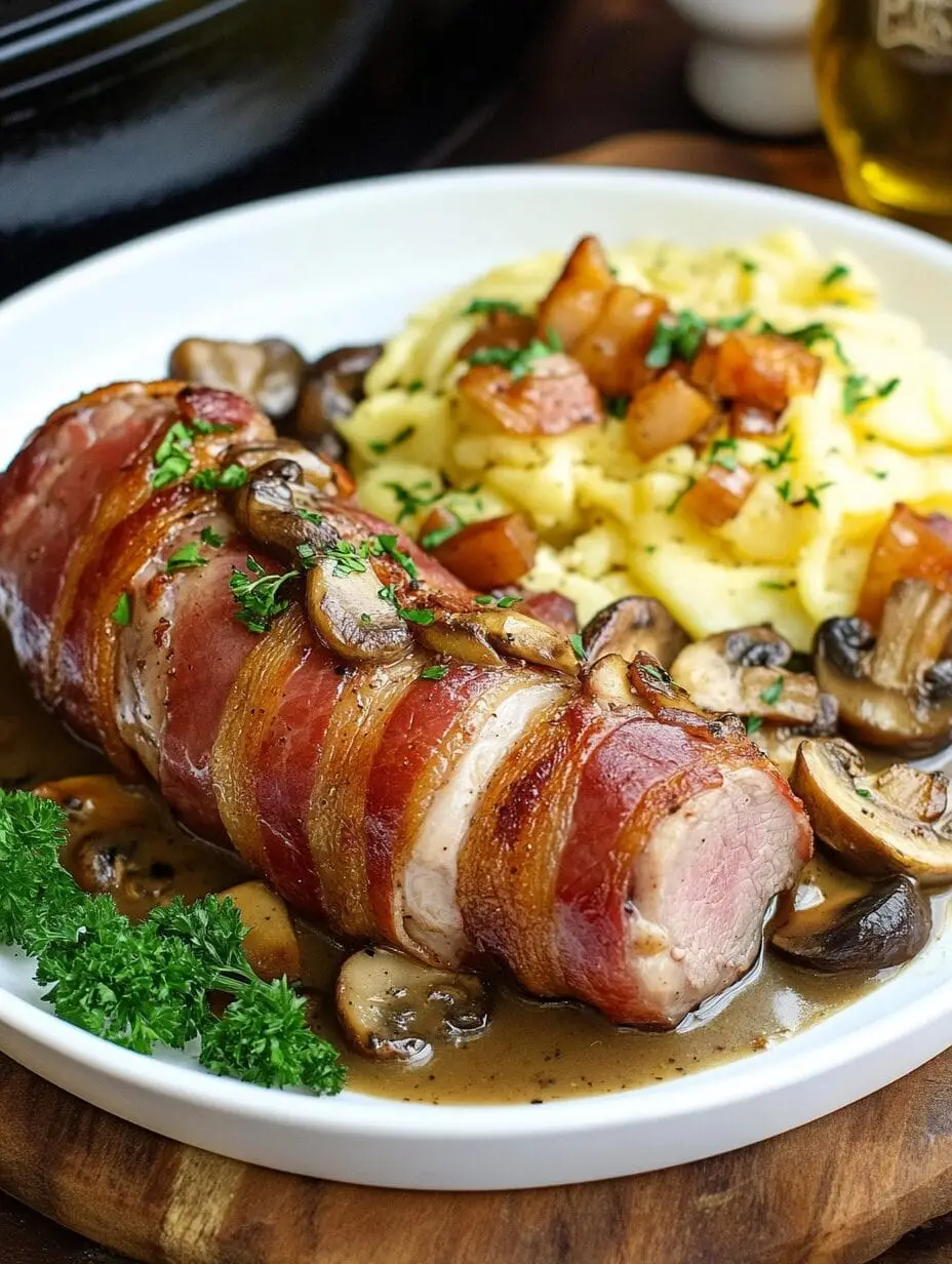 Schweinefilet im Speckmantel mit Champignons und Spätzle